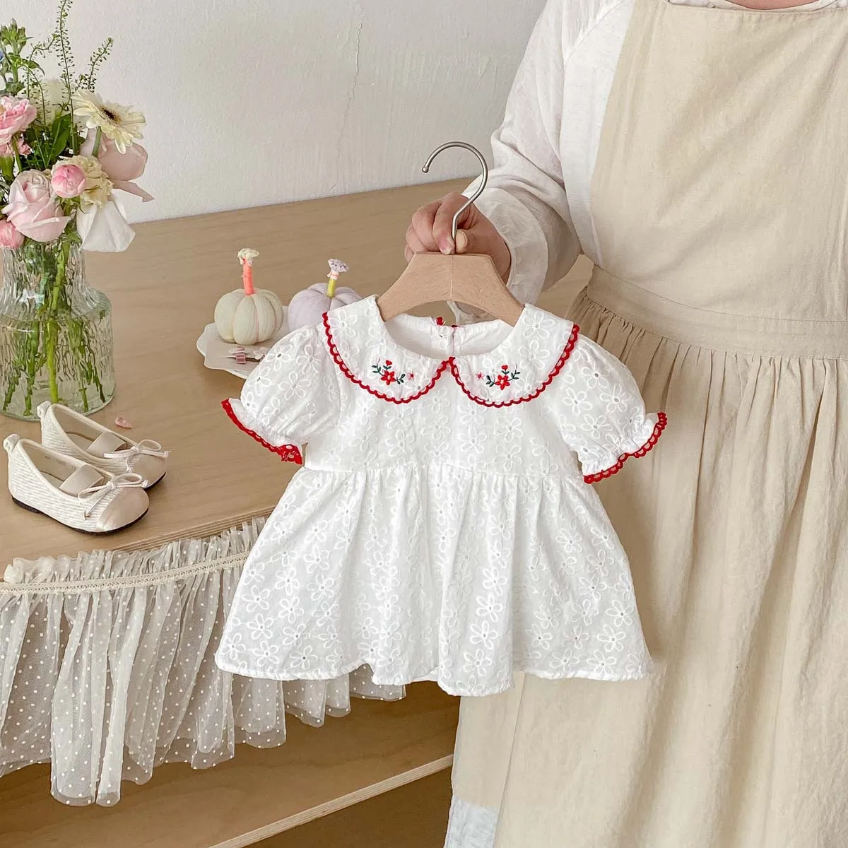 2026 Summer 0-2Y Baby Girl Clothes White Floral Embroidery Jumpsuit Red Lace Trim Decoration Toddler Dress S664bd236e92a4527a8727a4df2f350b1M