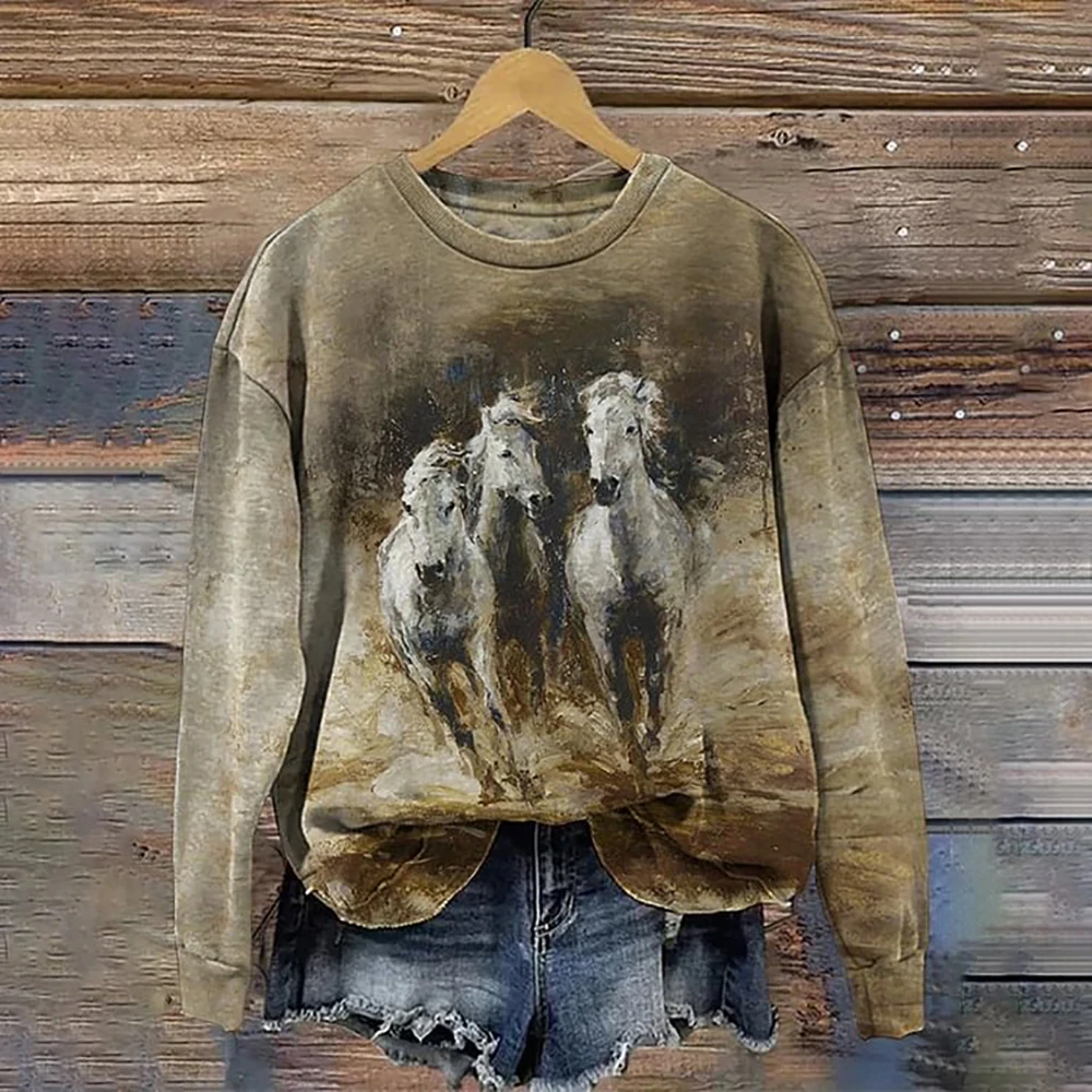 3d Horse Printing Women Hoodie Autumn Pullover O-Neck Vintage Sweatshirts Women Fashion Casual Female Loose Clothes