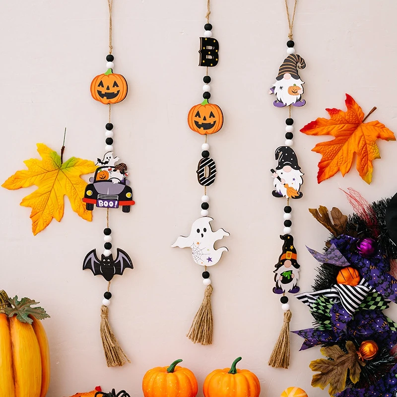 

3 PCS Halloween Wood Bead Garland With Pumpkin Bat Ghost-Tassel Rustic Pendant As Shown Wood Tiered Tray Decor