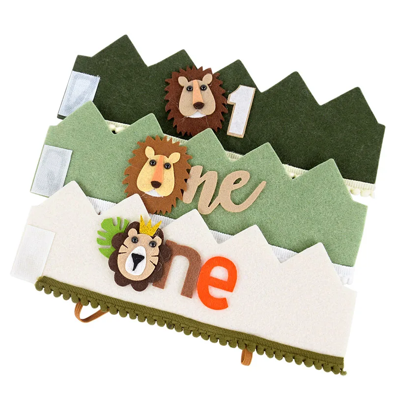 1st Kids Jungle Safari Crown Hat Baby 1 Year Old Birthday Party Lion Headband Wild One Party Decoration Photo Props Baby Shower