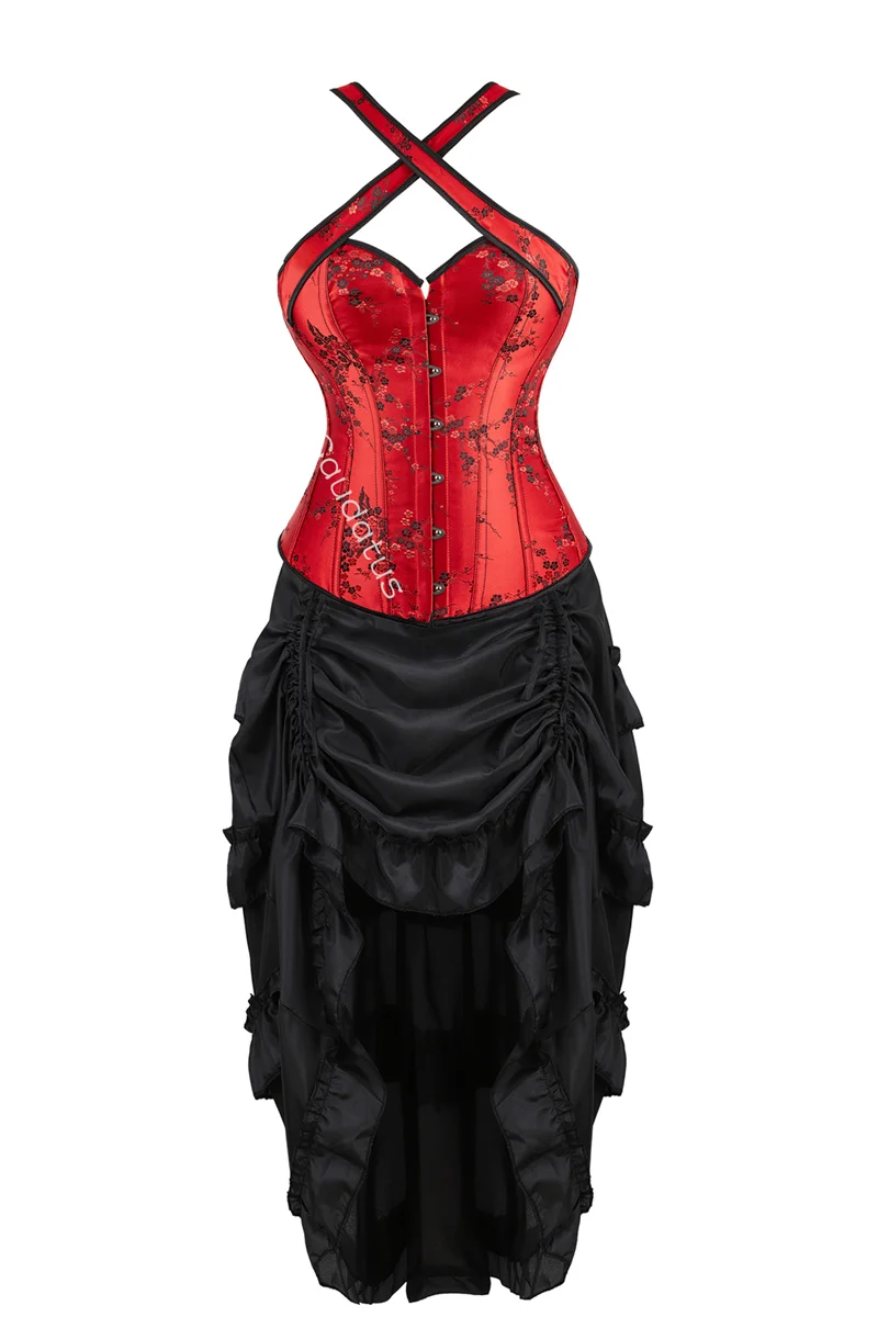 Black Corset Dress Women Tutu Skrit Set Halter Lace Costume Party Sexy Burlesque Halloween Ladies Basques Outfit Plus Size Red