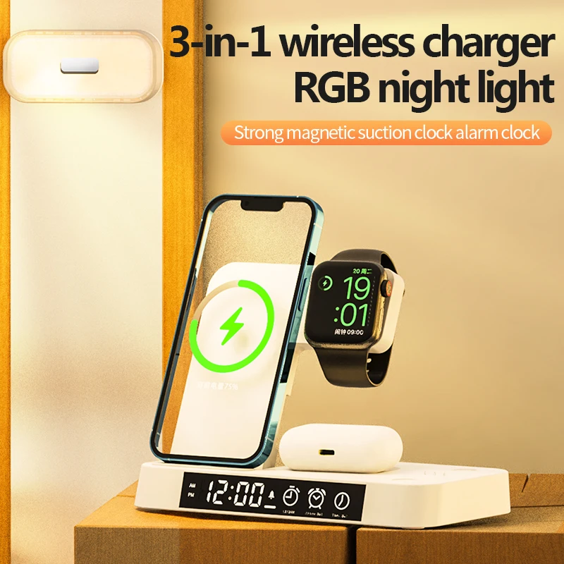 Wireless Charger 5 in 1 30W Charging Station Alarm Clock Night Light for iPhone 14 13 12 11 XR XS 8 iWatch 8 7 6 SE AirPods Pro