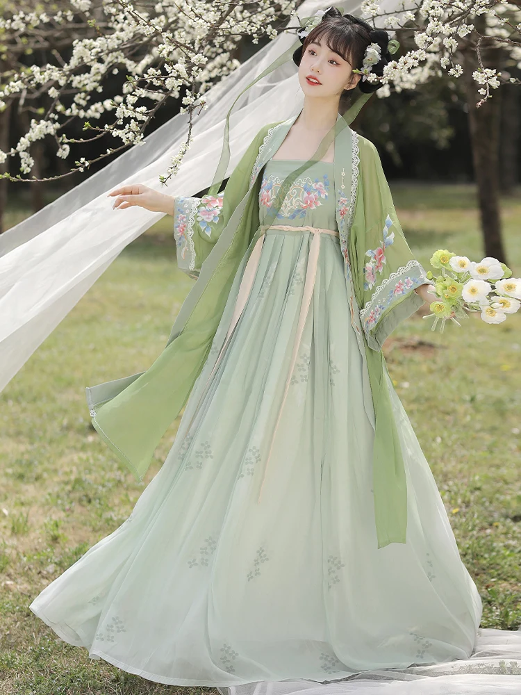 Summer Song Dynasty Fairy Women's Pleated Dress Large Sleeve Green Hanfu  Set - Newhanfu