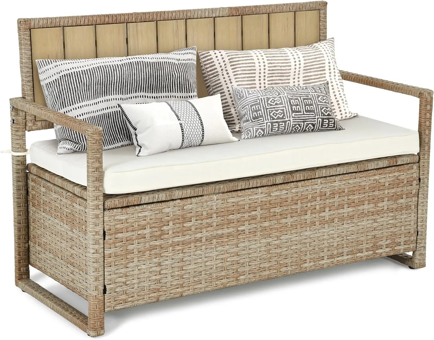 

Outdoor Storage Bench, All-Weather PE Rattan Deck Box, Wicker Storage Seat Box for Patio Furniture, Outdoor Cushions