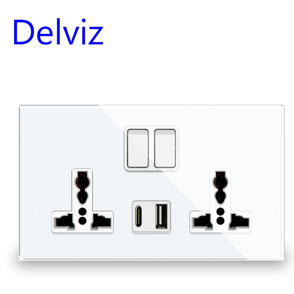 Delviz Crystal glass Type-C Socket, Wall 5V USB Ports, Switch control socket, 18W 3A Quick charge, Universal Double Power Outlet