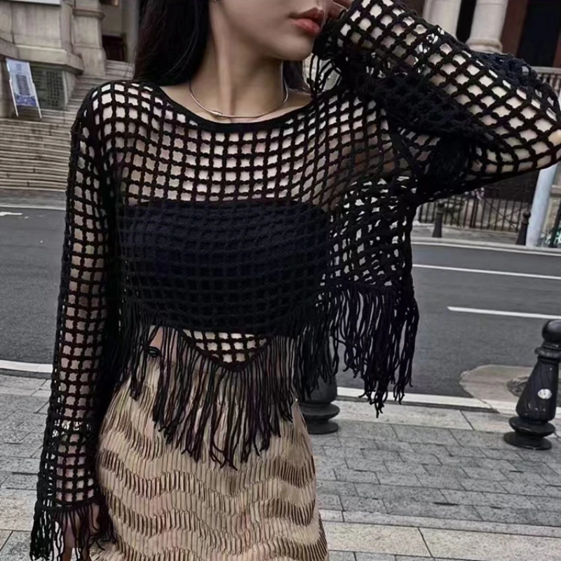Fashion Lady Mesh Hollowed Out See-through Tassels Pullover Sweater Tshirts Women Sexy Tops Female Girl Casual Knitted T-shirt 2