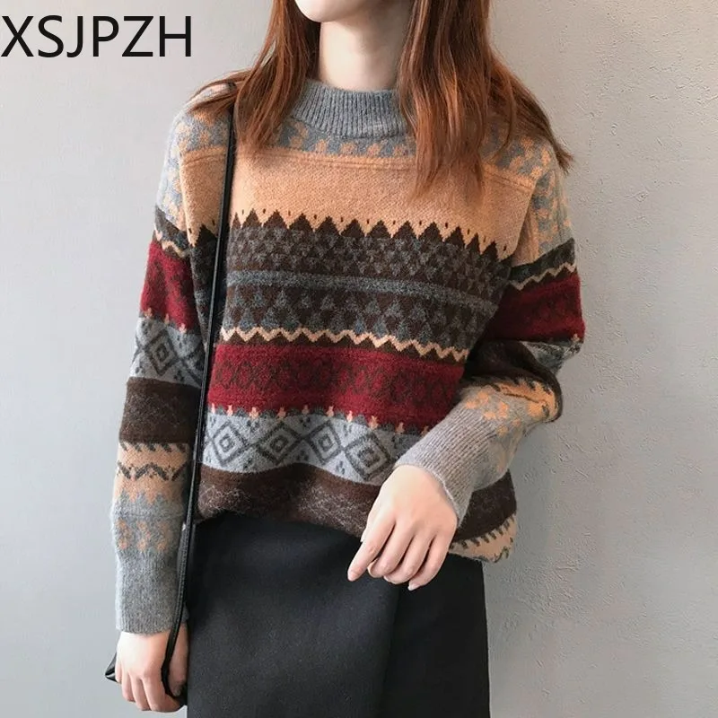 

Women's Retro Lazy Style Sweater, Large Size, Loose, Round Neck, Contrast Color, Diamond, Autumn, Winter, New, 2023