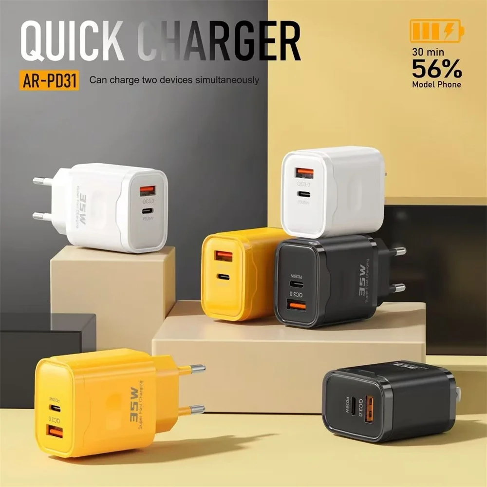 USB PD 35W Charger USB C Fast Charging Dual Ports Adapter For Phone Type C Quick Charge 3.0 Wall Power Adapter For iPhone Xiaomi