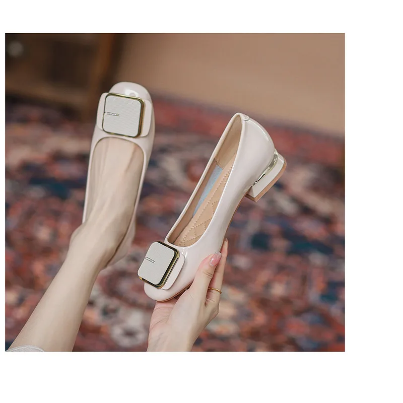French Style Women's Flat Shoes Leather Square Toe Low Block Heel_voghion.com