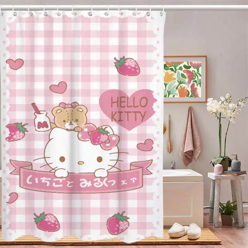 Sanrio Shower Curtain Kawaii Sanrio Hellokitty Cinnamoroll Mymelody Kuromi Cartoon Shower Curtain Waterproof Polyester Bathroom Curtain With Hook Gift