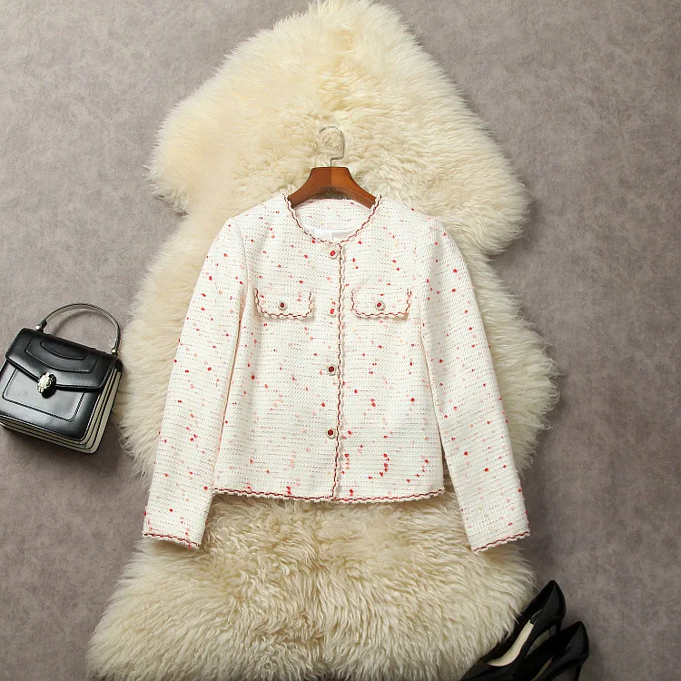 

European and American women's dress 2023 winter new Round neck Long-sleeved single-breasted red buttons fashion The tweed jacket