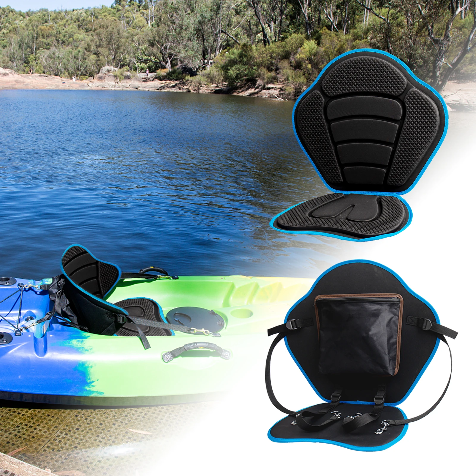 

Padded Kayak Seat Cushion with Back Support & Adjustable Straps & Zippered Pocket for Boating Canoeing Kayaking Fishing