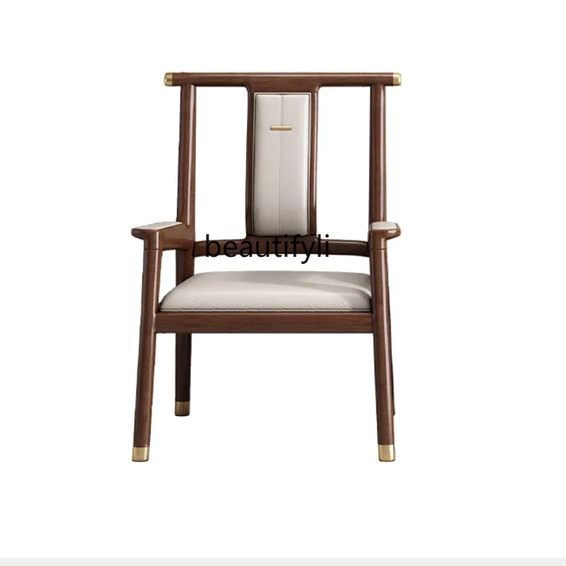 

New Chinese Style Solid Wood Study Chair Walnut round-Backed Three-Piece Set Offical Hat Chair Sofa Tea Chair
