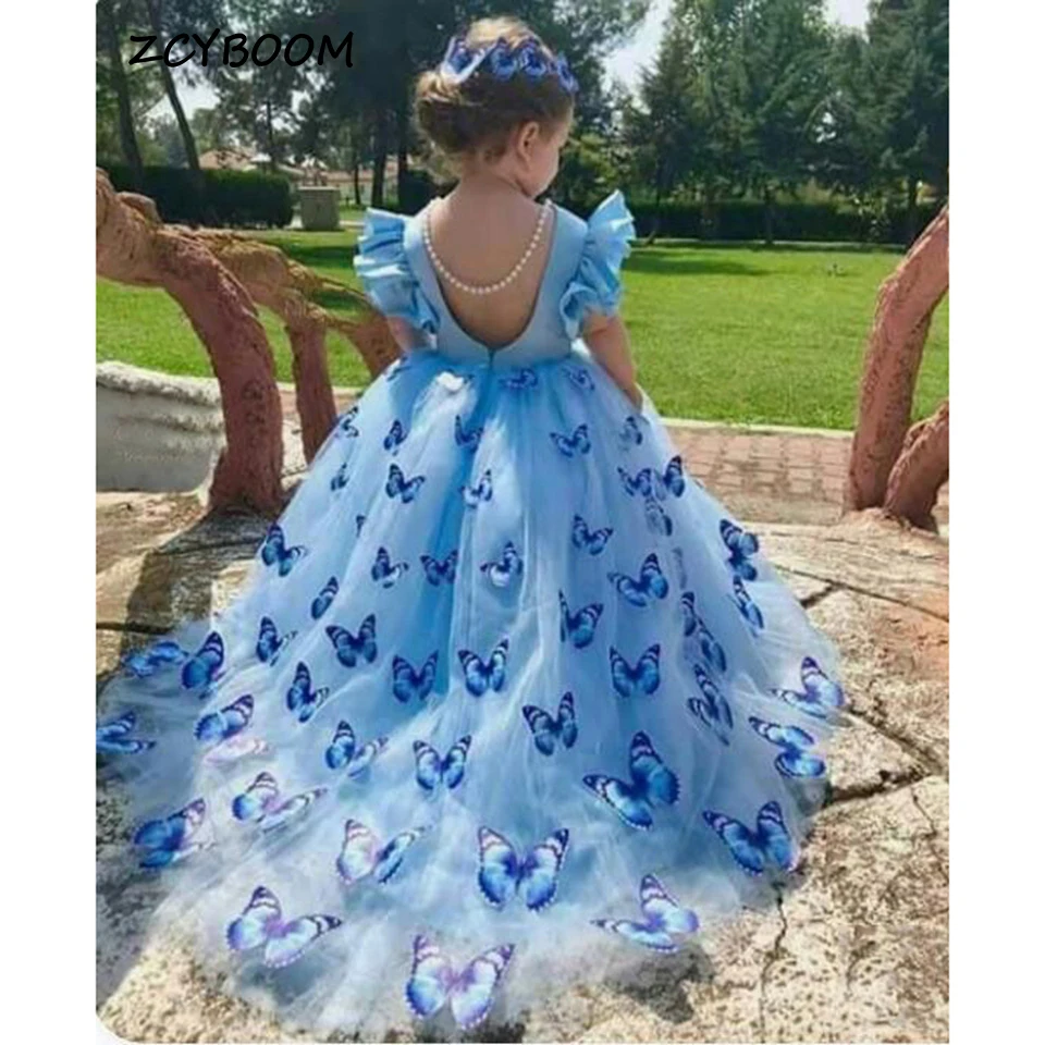 

Luxury Open Back Butterfly Pearls Flounce Flower Girl Dress For Wedding 2023 Ball Gown Floor Length Zipper First Communion Gowns