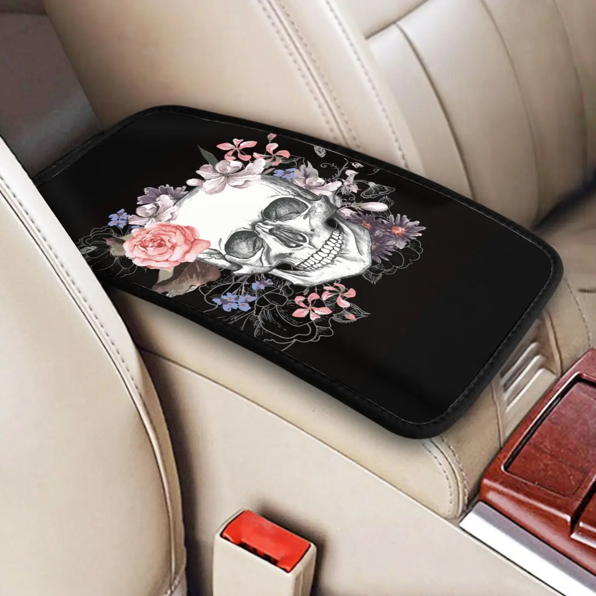 

Floral Skull Vintage Center Console Cover Pad for Cars Day of the Dead Car Interior Cushion Armrest Cover Mat