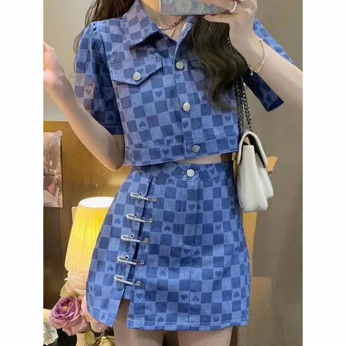 

Женская модная клетчатая рубашка, повседневная короткая юбка, летняя повседневная короткая юбка, Женская одежда из 2 предметов, лето 2024, L528