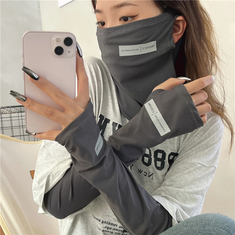 

2pcs/set Uv Solar Arm Sleeves Summer Ice Silk Breathable Cool Muff Cycling Driving Anti-Sunburn Face Scarf Unisex Solid Mask