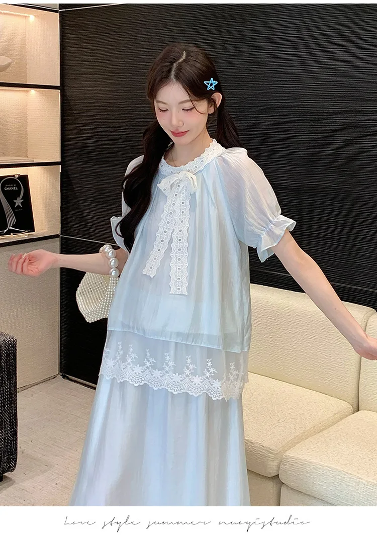 임산부 의류 2026년 여름 블루 레이스 리본 퍼프 소매 블라우스와 맥시 스커트 임산부를 위한 부드럽고 우아한 분위기
