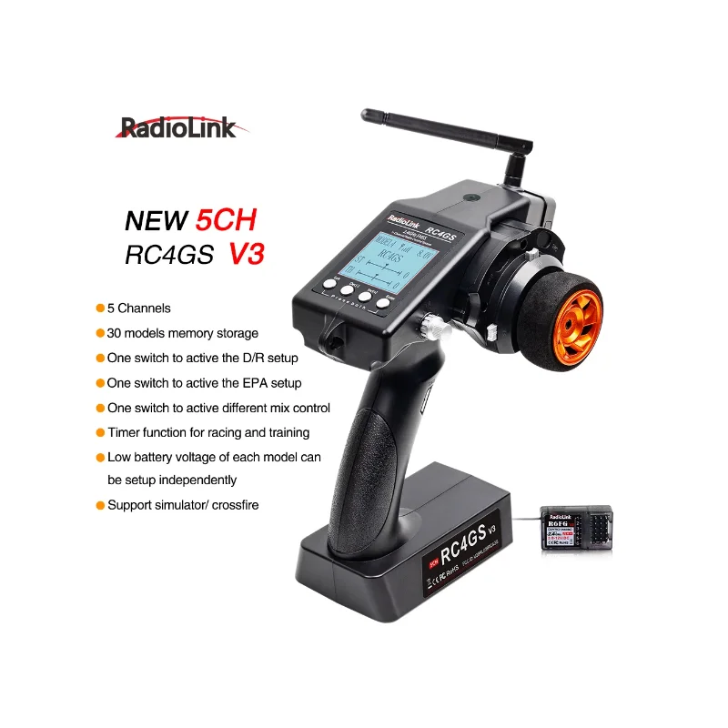 

RadioLink RC4GS V3 2.4G Remote Controller Transmitter with Alloy Steering, 2S Lipo Battery 1700mah for Car Boat
