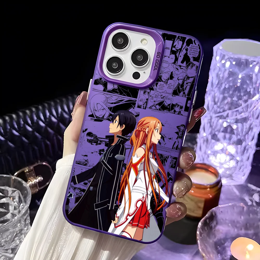 Anime-Inspired Asuna x Kirito Laser Metallic Aurora Phone Case - Black & Purple Matte Finish