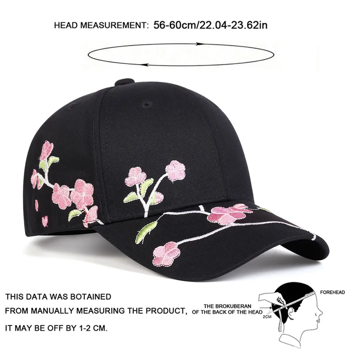 Verstellbare Baseballkappe für Damen mit Pfirsichblüten-Stickerei – stilvoll und lässig, geeignet für den Sonnenschutz – Detail 7