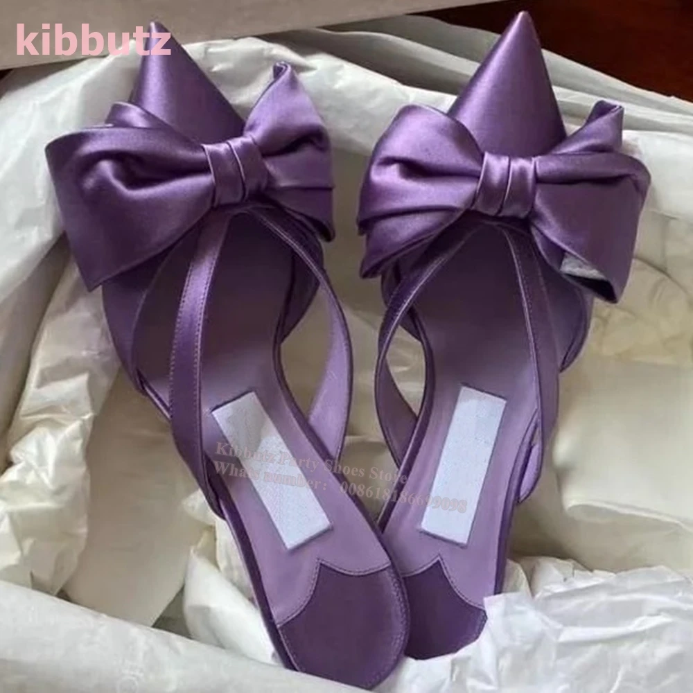 Satin Pointed Toe Strange Style Slippers Butterfly-Knot Solid Purple Slip-On Sandals Fashion Elegant Concise 2023 Newest Size 42
