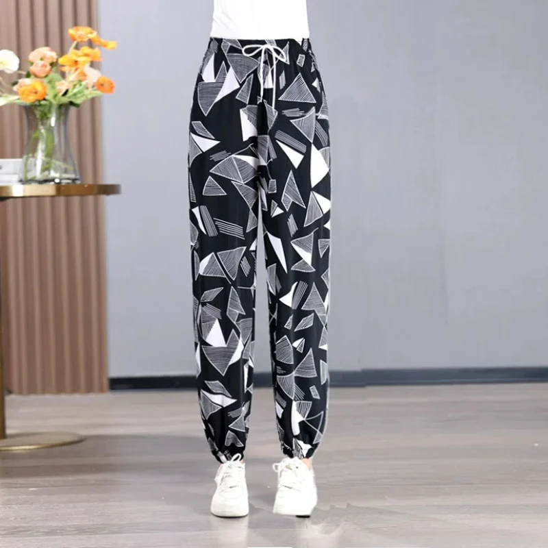 Summer Fashion Thin Ice Silk Loose Lantern Pants Women's Elastic High Waist Printed Patchwork Drawstring Trendy Harlan Trousers