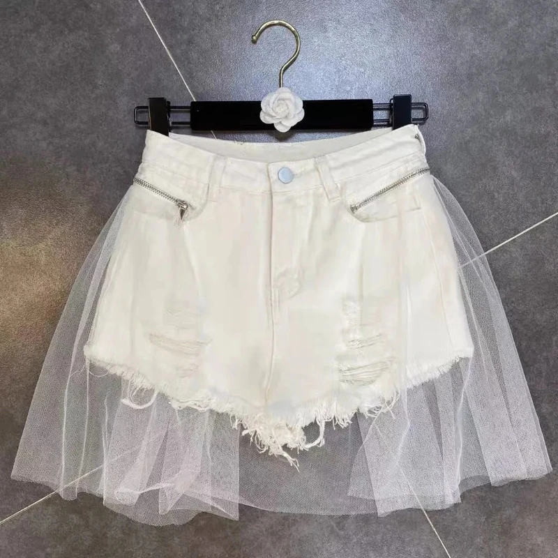 

Detachable fake two-piece mesh stitching denim shorts women's summer new large size show thin ripped high waist hot pants