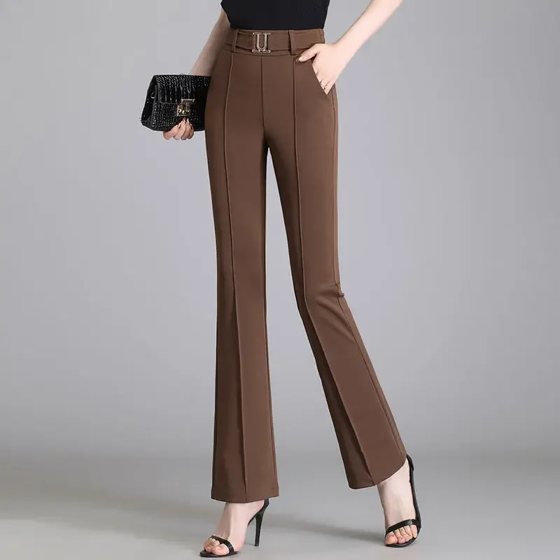 

Pocket Patchwork Solid Color Flare Pants Elastic Waist Temperament Fashion Casual Office Lady Simplicity Women's Clothing LJ104