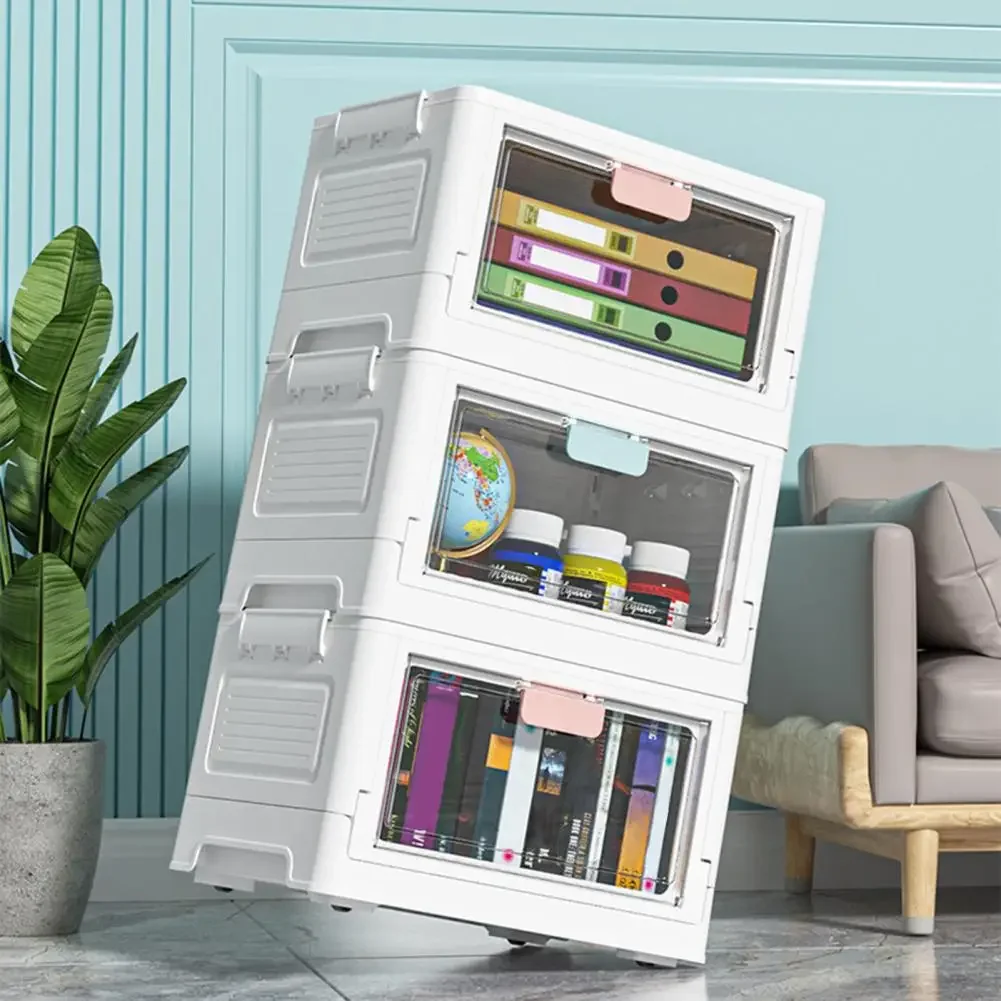 

Foldable Organizer Desktop Book Front Wheels 4 Case Flip Storage Stackable Caster Lid Box Sundries Transparent