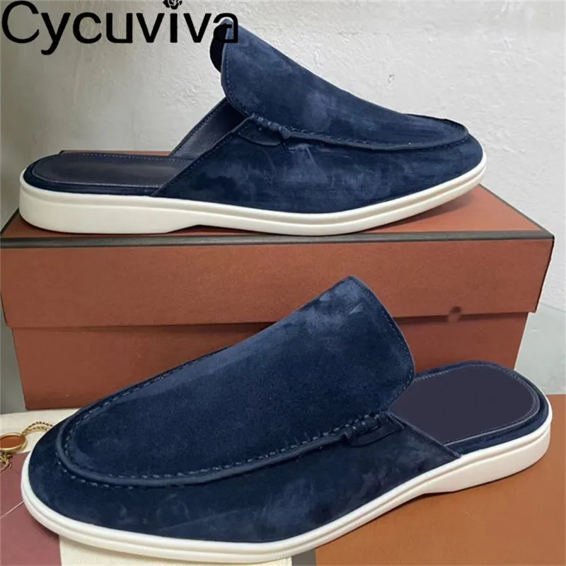 

New Black Suede Men Slippers Round Toe Mules Flat Shoes Male Summer Walk Designer Outdoor Comfort Flat Loafers Shoes For Men