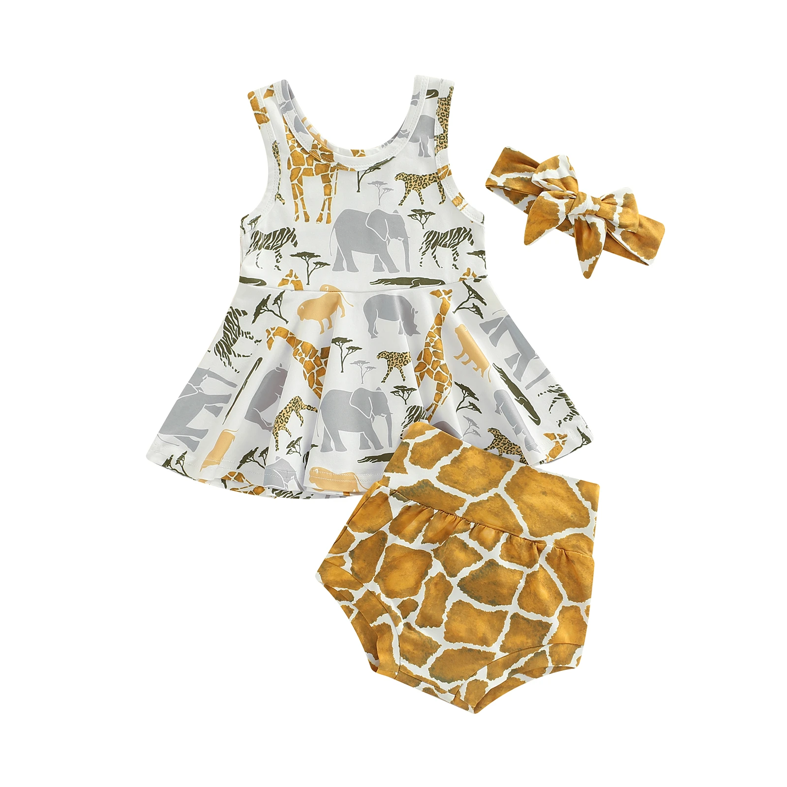 2022 0-24M Cute Baby Girls Summer Outfits Animal Zoo Print Ruffle Tank Sleeveless Tops+Giraffe Pattern Shorts+Headband Set 3pcs baby clothes set gift