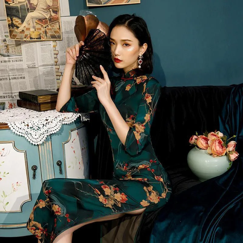 Old Shanghai Green Slim Cheongsam Spring Summer Vintage Chinese Style Temperament Young Girl Short Sleeve Qipao Dress chinese dress