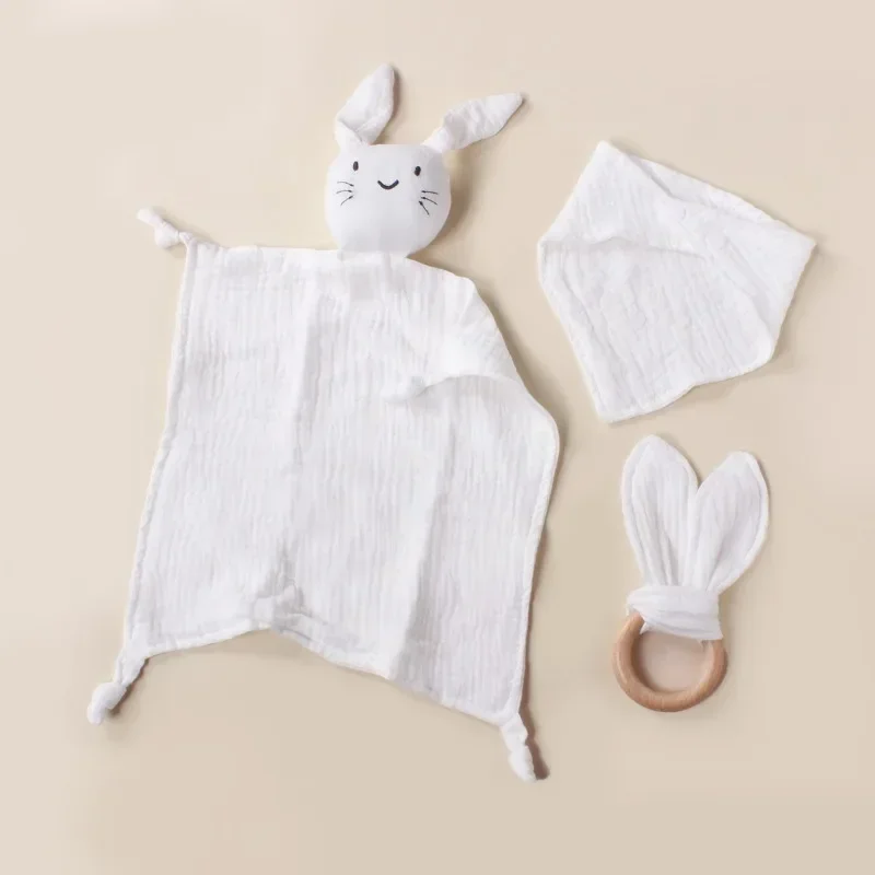 3pcs Set Cotton Muslin Baby Bib Stuffed Rabbit Doll Newborn Appease Towel Security Blanket Baby Sleeping Cuddling Towel Teether