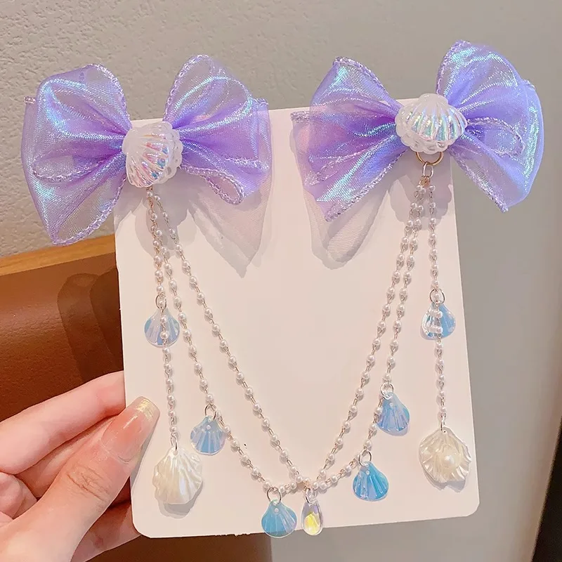 Pearl Headdress Children's Princess Fringed Hairpin Girls Mermaid Hair Accessories Forehead Chain Bow Hairpin