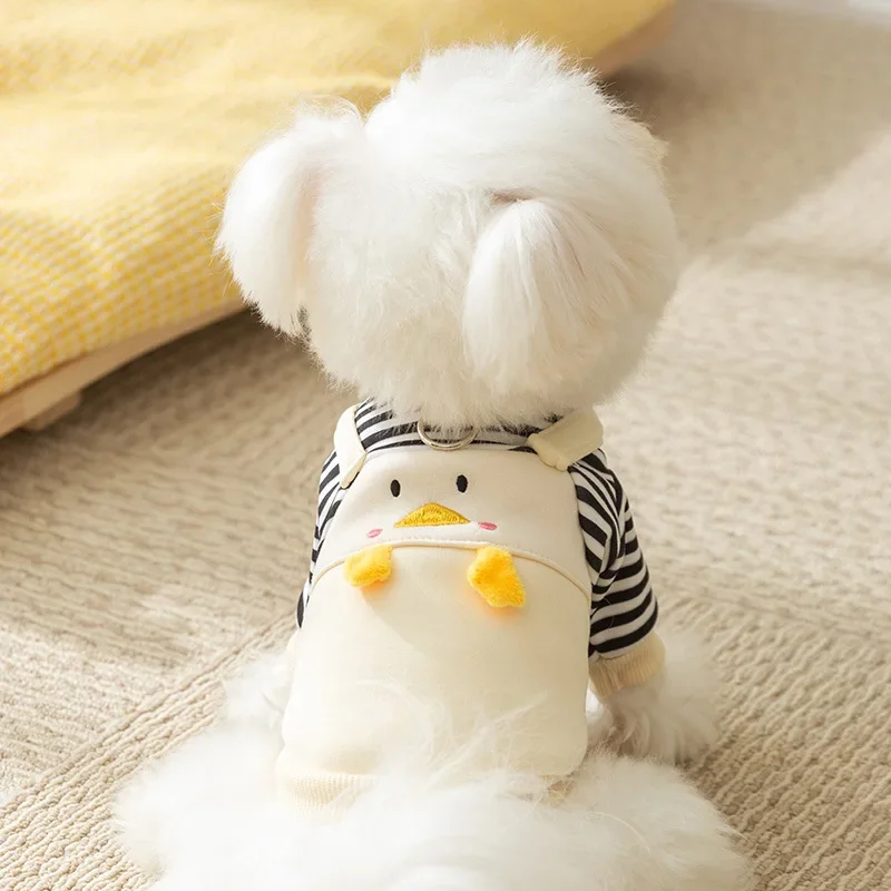 Pet clothes autumn and winter cute little penguin striped cartoon suspender two leg hoodie cat plush puppy