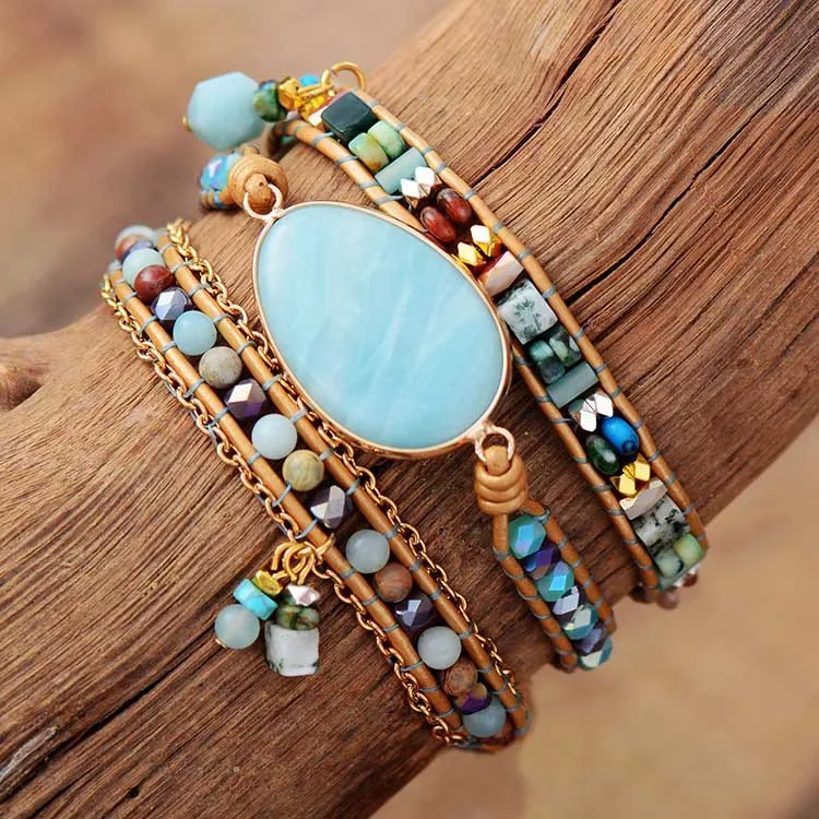 

Multilayered Leather Wrap Bracelet W/ Natural Stone Amazonite Beaded Strands Bracelet Boho Beads Jewelry Wholesale Dropship