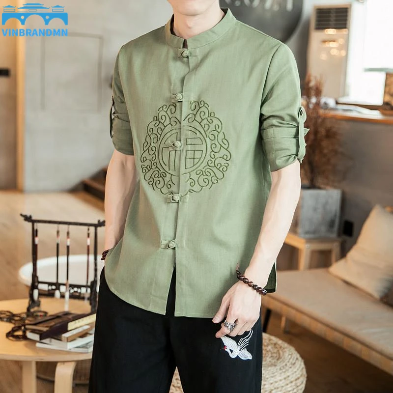 

2022 New Men Shirt Chinese Style Clothing Linen Long Sleeves Shirt Asian Clothes Tang Suit Mandarin Collar Shirt Size M-5XL