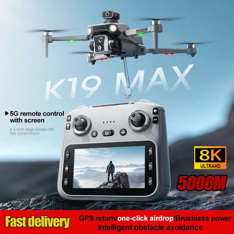 Drone GPS K19 Max 5G en vol avec évitement d'obstacles laser et largage aérien, autonomie 25 minutes.
