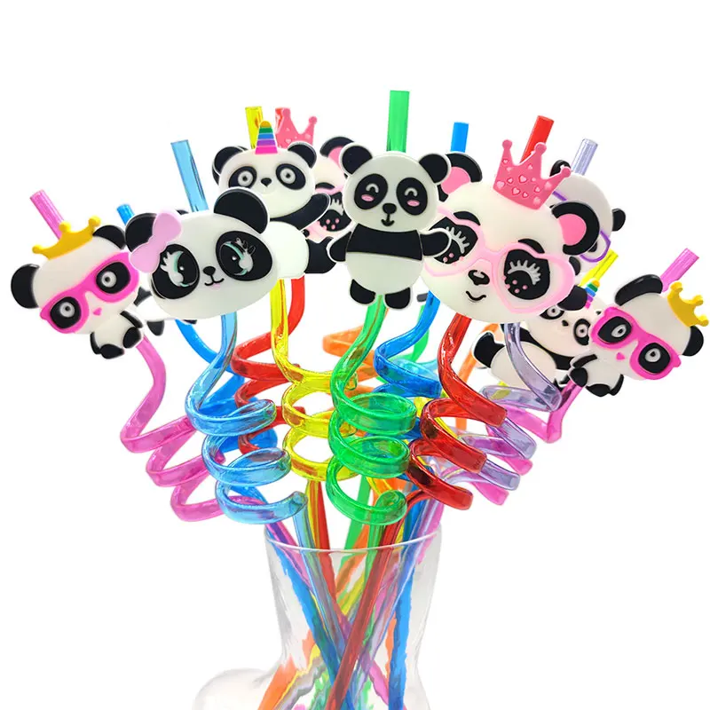 8pcs 26cm Panda Theme Helical Straws Cartoon Animal Reusable Plastic Drinking Straws for Birthday Party Wedding Party Supplies