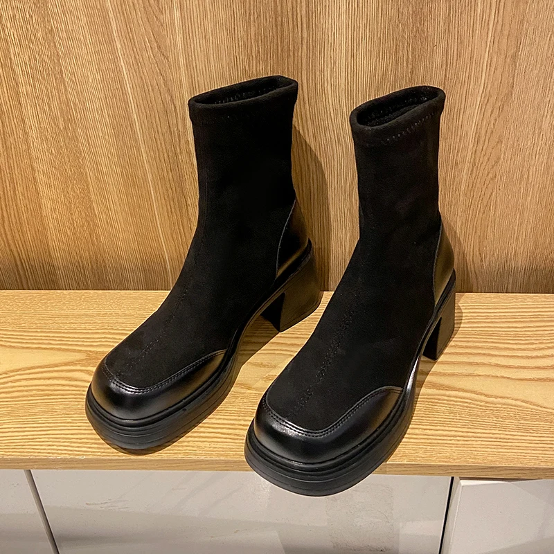 2024 NEW French Chunky High Heels Chelsea Boots Women Winter Shoes New Brand Suede Platform Pumps Slip-On Motorcycle Ankle Boot