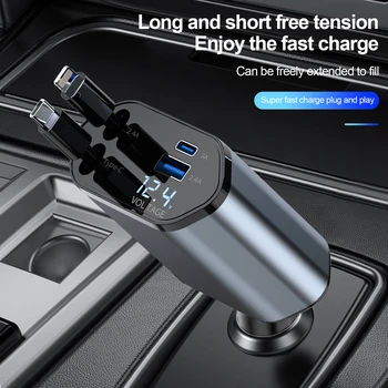 4 in 1 Retractable Car Charger, 100W Quick Charge with 2 USB Port, Retractable Iphone Charger & Tap-c Charger, Retractable Cable 1