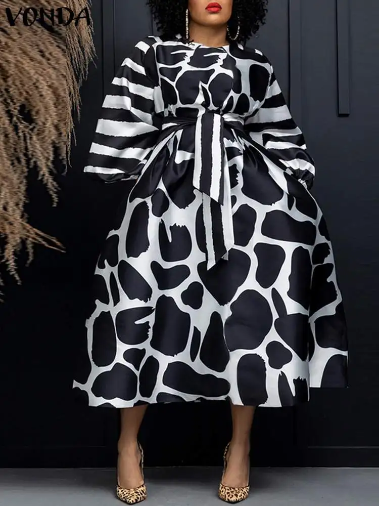 

Элегантное офисное платье фонарик 5XL VONDA, женское привлекательное шелковое платье с длинным рукавом, Свадебный сарафан средней длины с поясом, повседневные платья