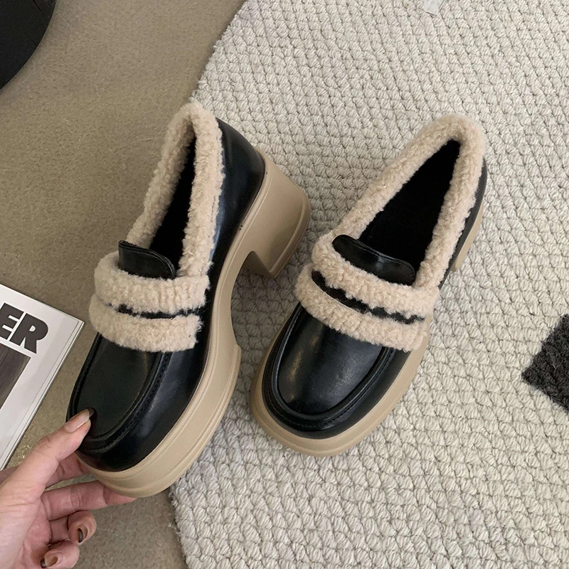 

Spring Shoes Female British Platform Casual Loafers Wool Genuine Leather Shoes For Women Thick Heel Slip On Fashion Girls WHSLE