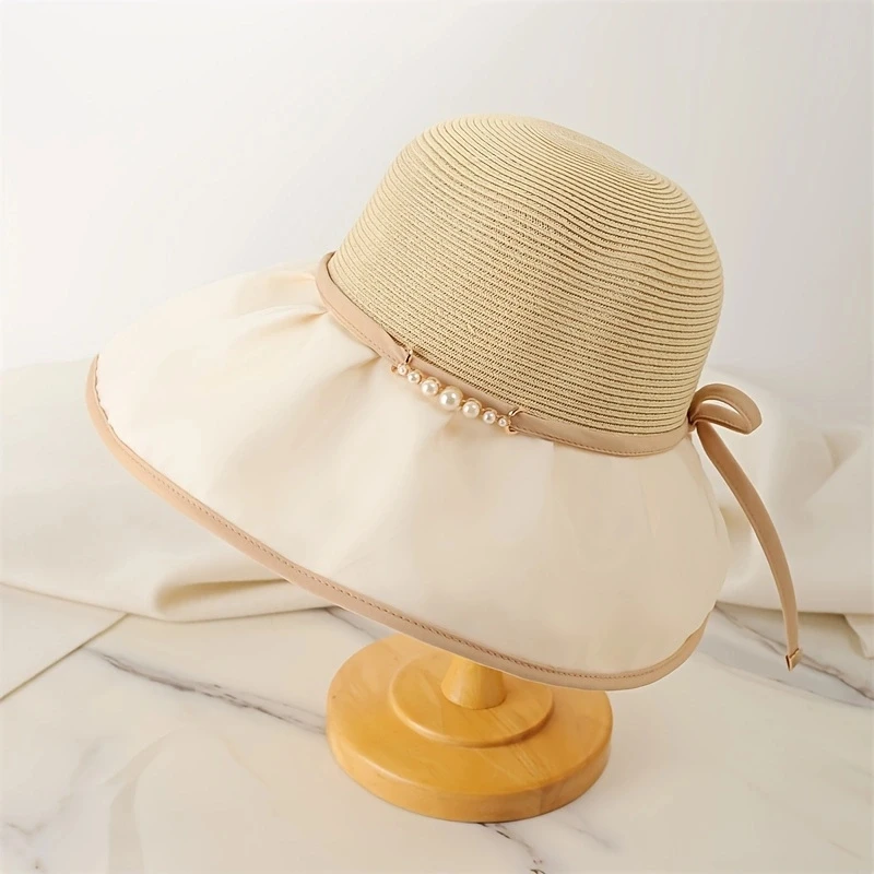 

Fabric splicing pearl decorative fashion fisherman hat women's summer elegant all draped large overhang visor hat sun basin hat