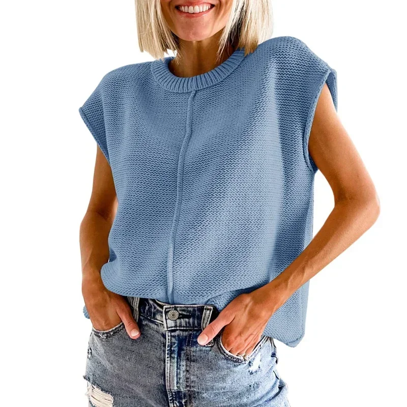 

Fashion Office Tops Casual O-Neck Loose Knitted Sweater Sleeveless Knitwears Vintage Solid Pullover for Women Sueter Mujer 29573
