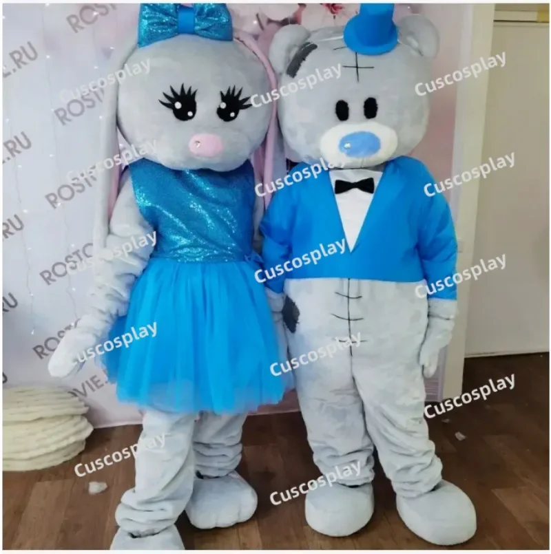 Cute Grey Hare Tuxedo Rabbit Blue Tailcoat Easter Bunny Mascotte Fancy Cartoon Mascot Costume Peluche Fancy