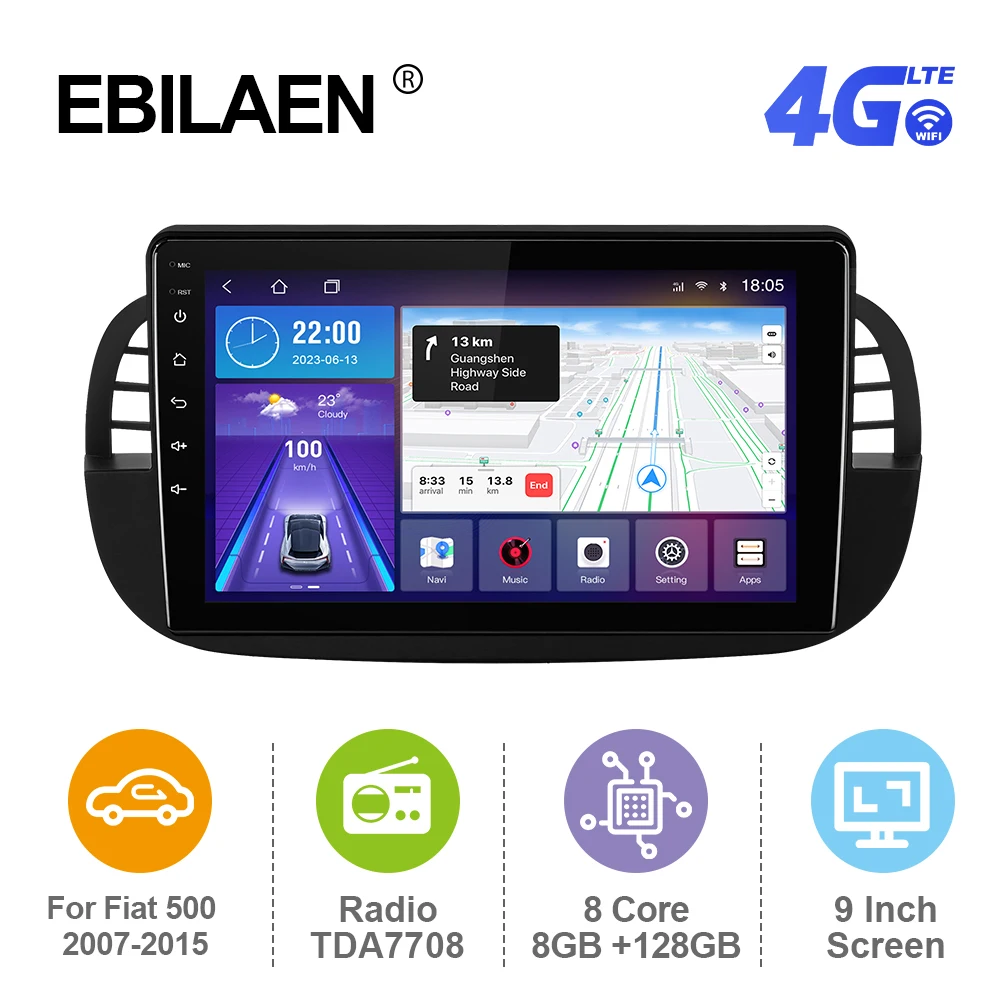 Ebilaen Android 12 Autoradio Per Fiat 500 500L 2007-2015 2Din Lettore Multimediale Gps Rds Carplay Autoradio Mirror Link 4G Bt Fm