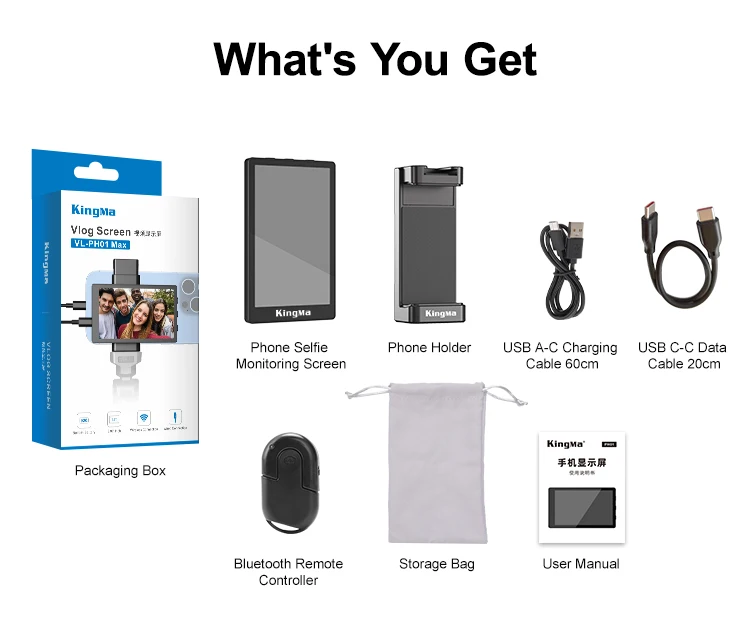 מסך מוניטור סלפי לטלפון King Ma Phone Vlog, מיני מוניטור חוטי עבור מצלמת אחורית של iPhone עבור Vlog Live Stream TikTok