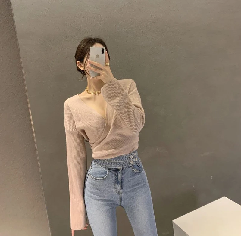 S664fa0986aa14b26a2c89764bd03e56ao Black Sweaters Women Korean Irregular V Neck Knitted Pullovers Office Lady Elegant Knitwear Autumn Winter Solid Jumpers Mallzona